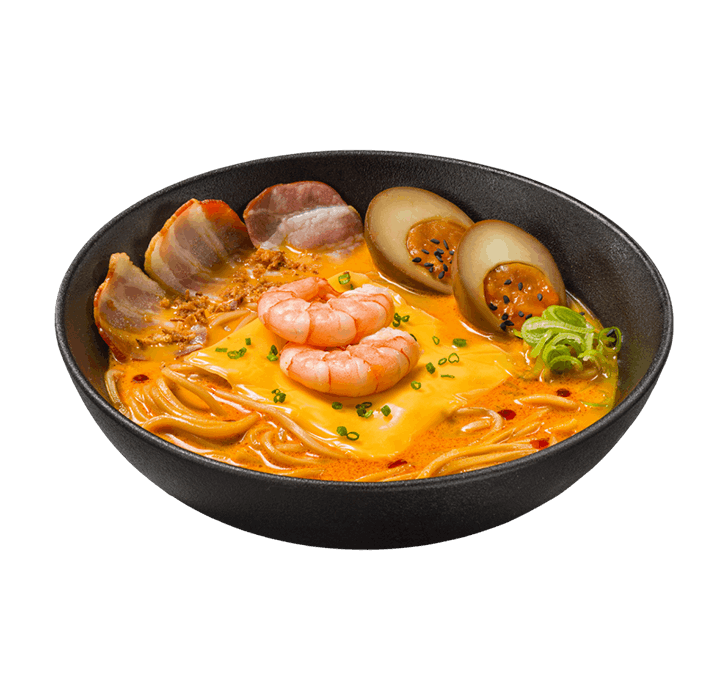 Сырный рамен с креветками и беконом