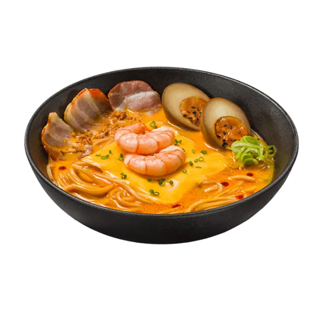 Сырный рамен с креветками и беконом
